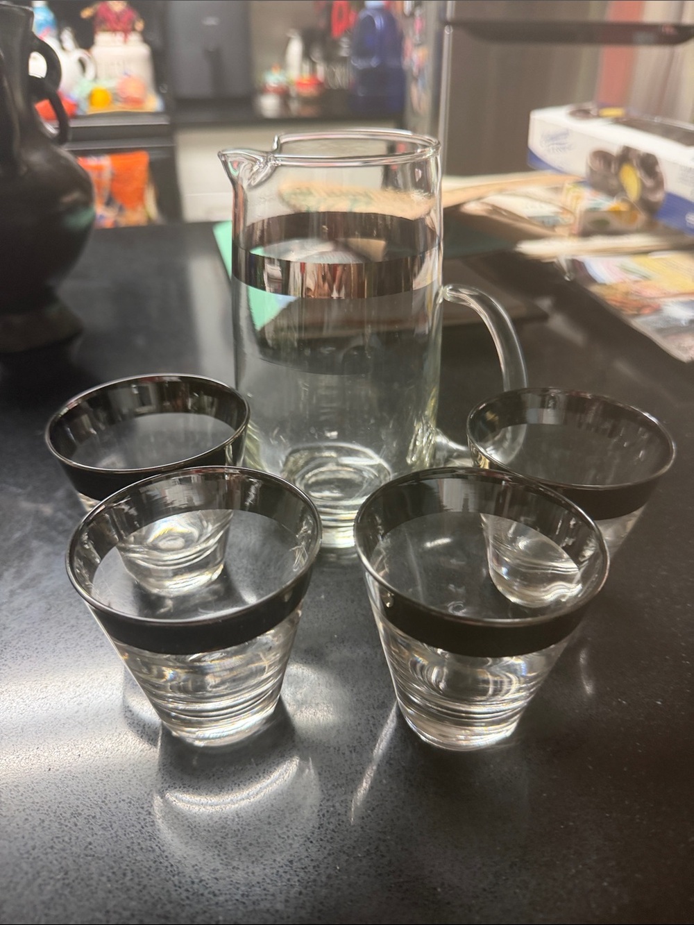 Glass Pitcher and 4-Tumbler Set with Silver Band